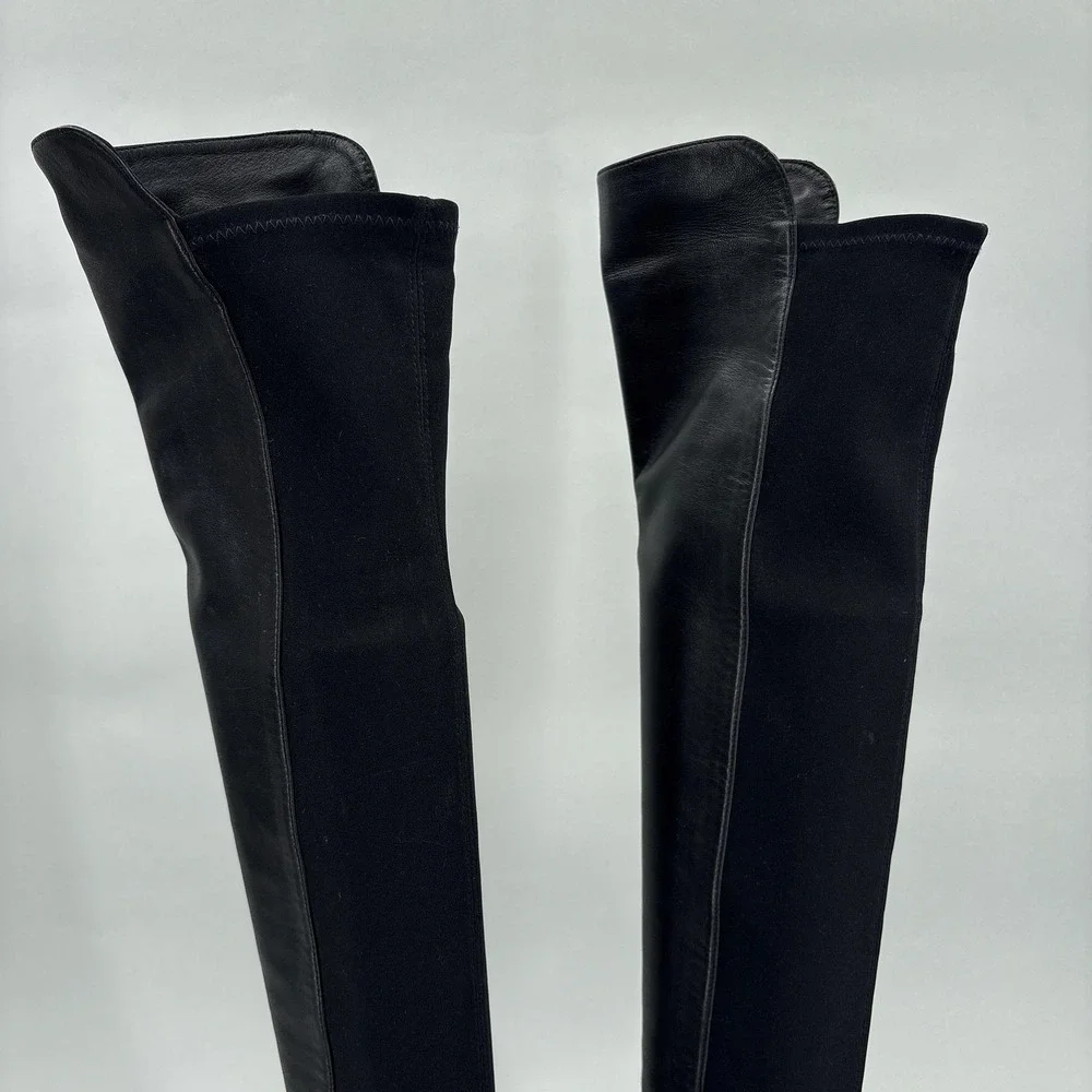 Stuart Weitzman Boots Womens Size 8.5 Black Lamb Leather Over Knee Block Heel